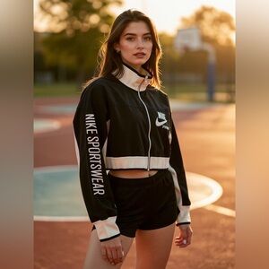 Nike women’s Cropped Track Jacket XS Black White Zip Up